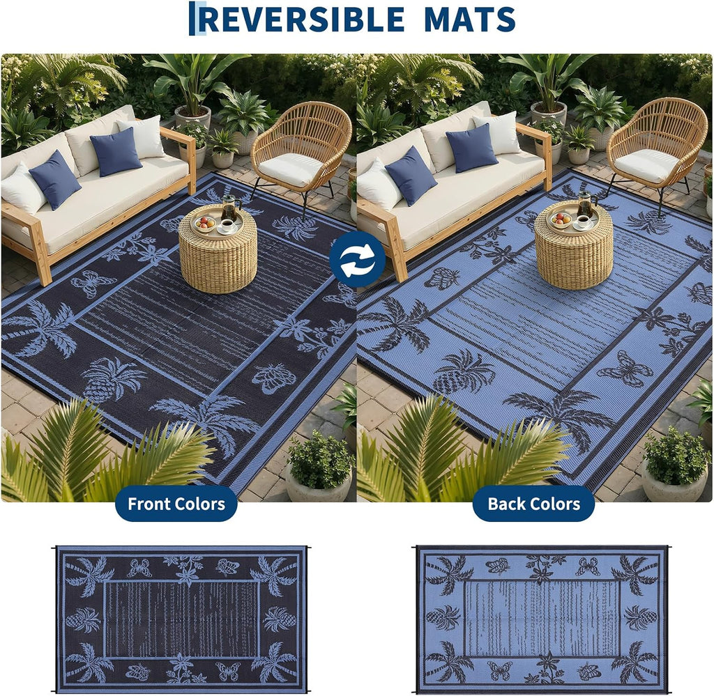 Outdoor Rug 8X10 Waterproof for Patios, Reversible Plastic Straw Rug, Tropical Leaf Indoor Outdoor Rugs, Large Area Rug for RV, Camping, Deck, Picnic Mat, outside Carpet