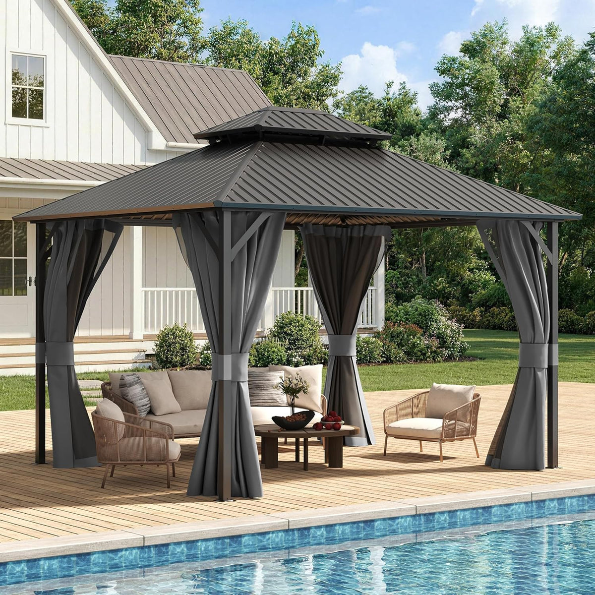 10'X12' Hardtop Gazebo, Metal Galvanized Steel Double Roof, Grey