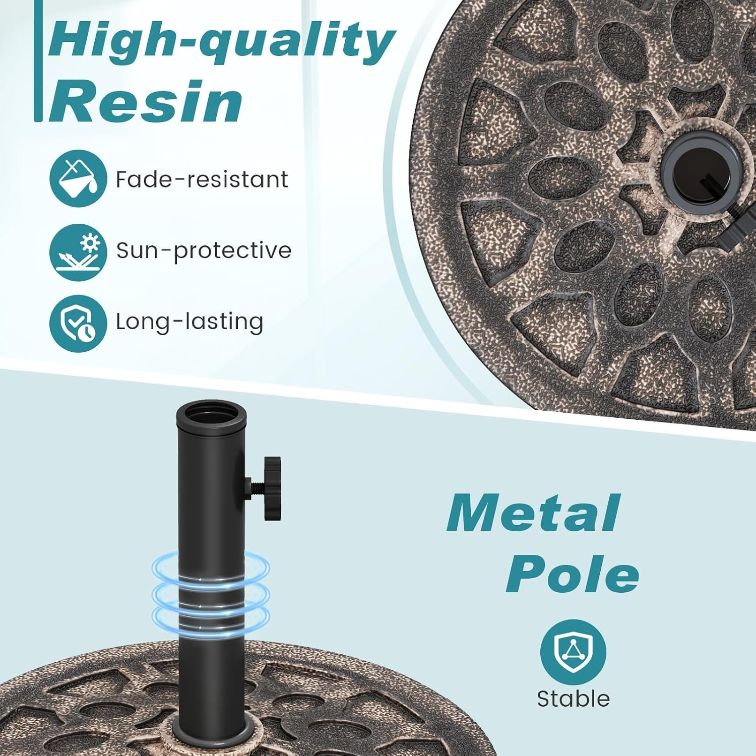 30 Lbs Heavy Duty Umbrella Base, round Parasol Holder with Adjustable Knob for Φ1.5-Φ1.9 Pole, Resin Umbrella Stand with Decorative Pattern, Easy Setup