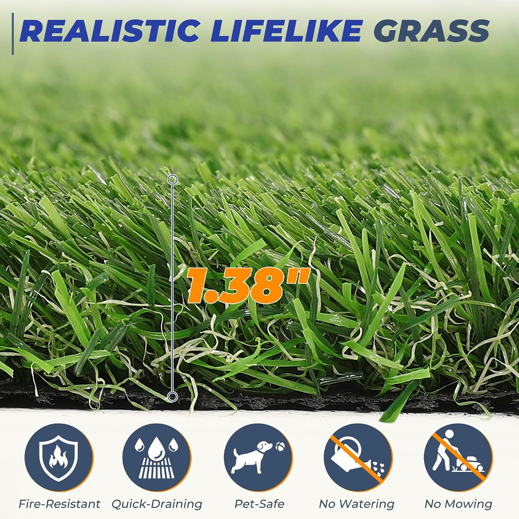 Artificial Grass Turf 6.5X10 FT, 1.38" Thick Fake Grass Rug, Three-Tone Synthetic Turf with Drainage, Outdoor Grass Mat for Backyard, Patio, Dogs & Golf Practice