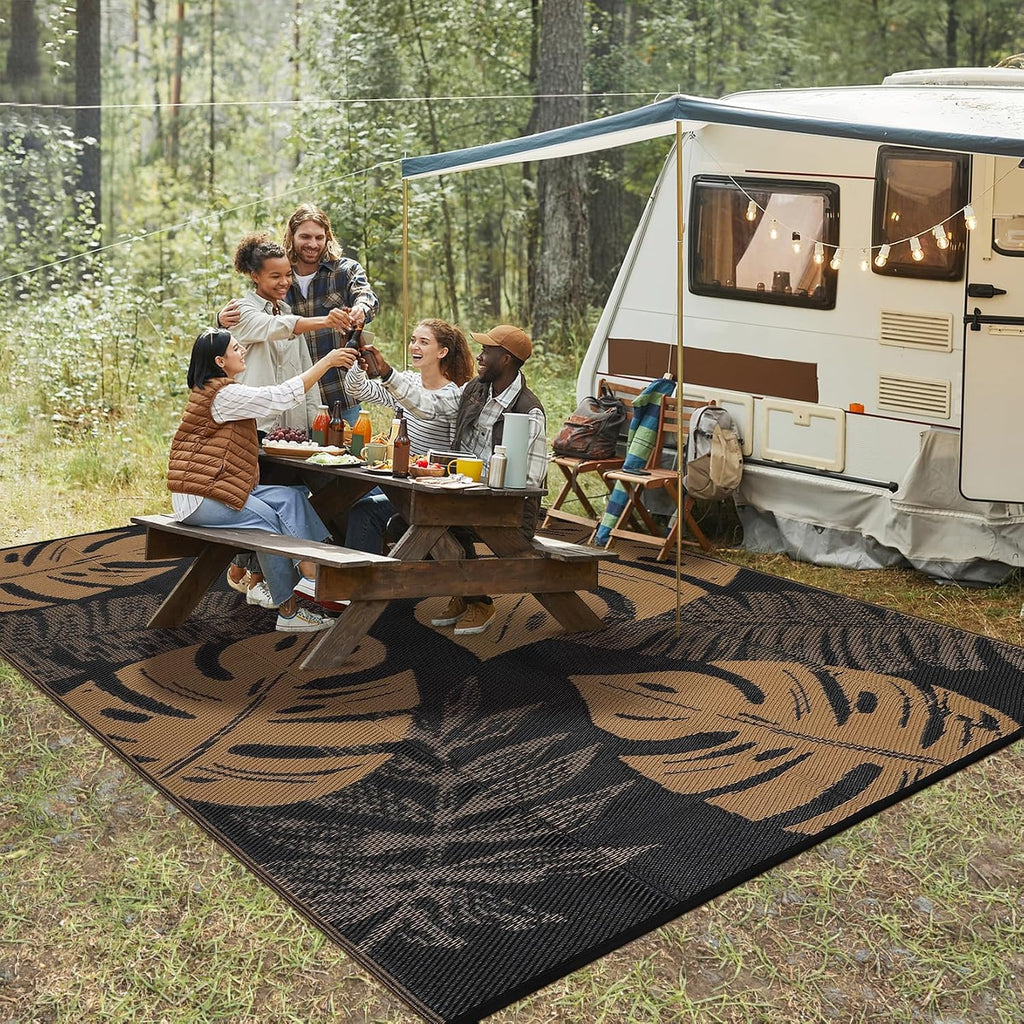 9X12 Outdoor Rug Waterproof Foldable Plastic Straw Carpet for Patio Porch Modern Leaf Print Reversible Mat Lightweight Floor Mat for Picnic, Rv, Beach, Deck, Camper, Balcony，Black/Brown