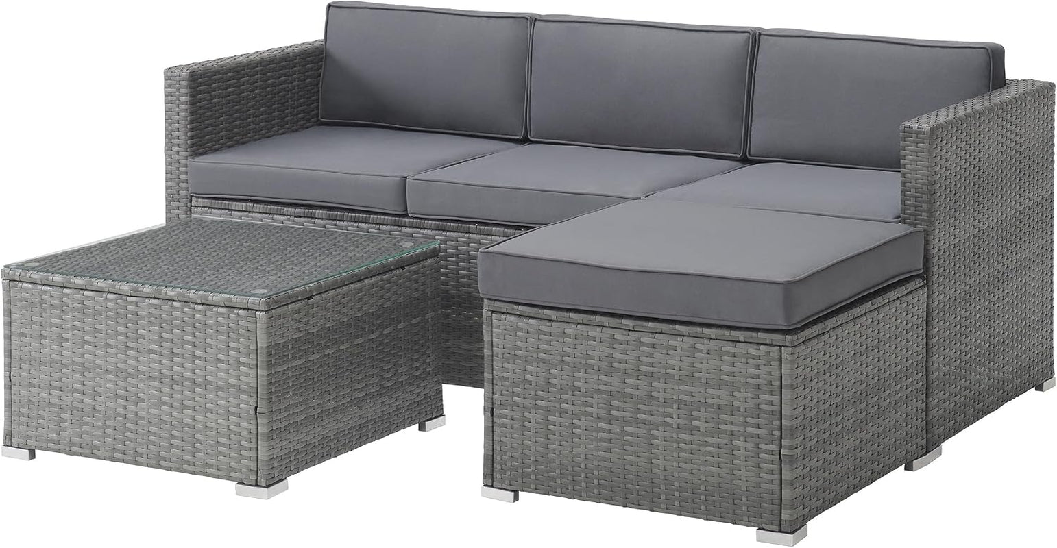 Patio Furniture Set - 3-Piece Rattan Outdoor Sectional, Ottoman, and Table Combo - Deck, Pool, Sunroom, or Backyard Furniture by  (Gray)
