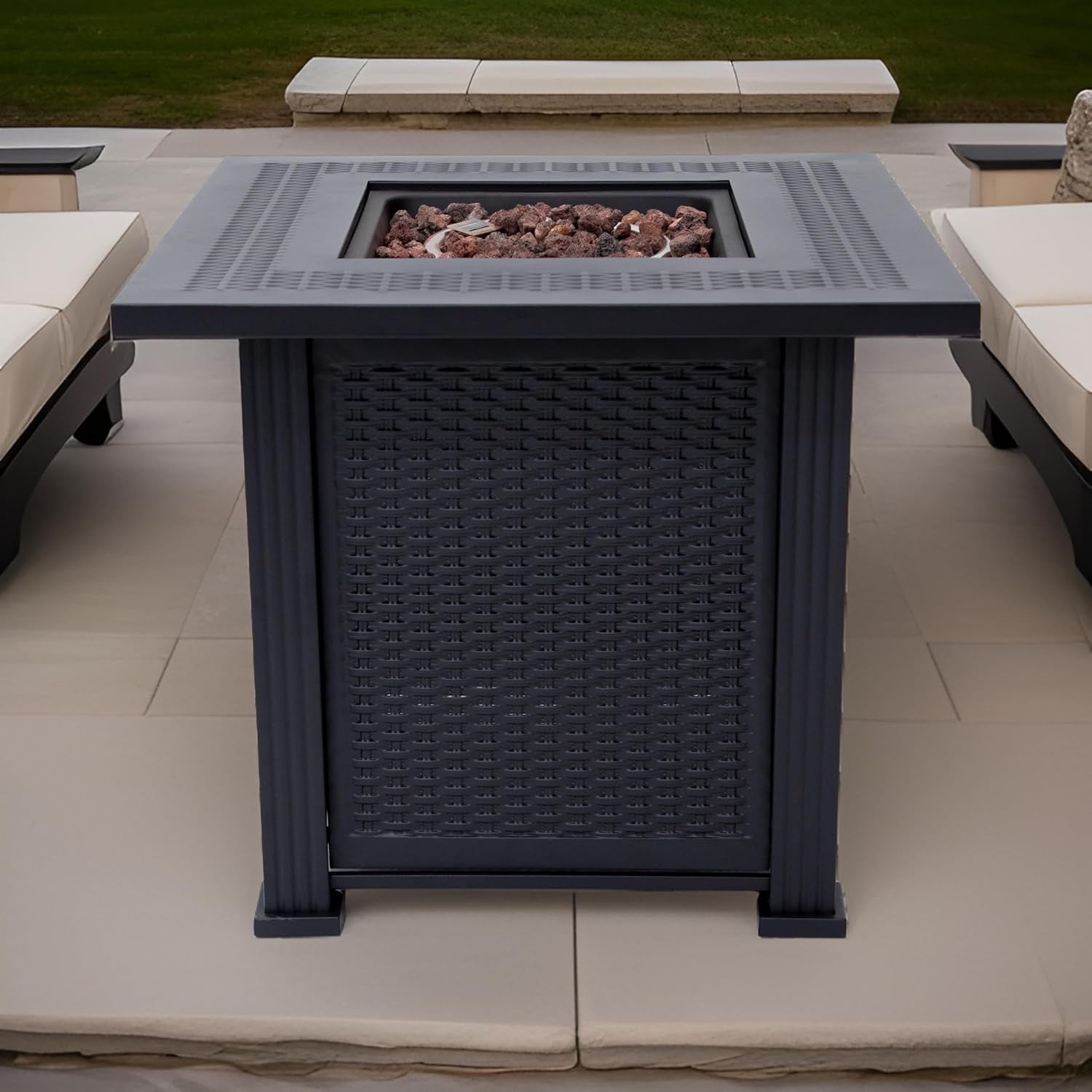 Lausanne Propane Fire Pit Table 28” Outdoor Firepit 50,000 BTU Firepits for outside with Lava Rocks and Removable Lid Metal Fire Pit Outdoor Fireplace Propane Fire Pits for outside CSA Certified