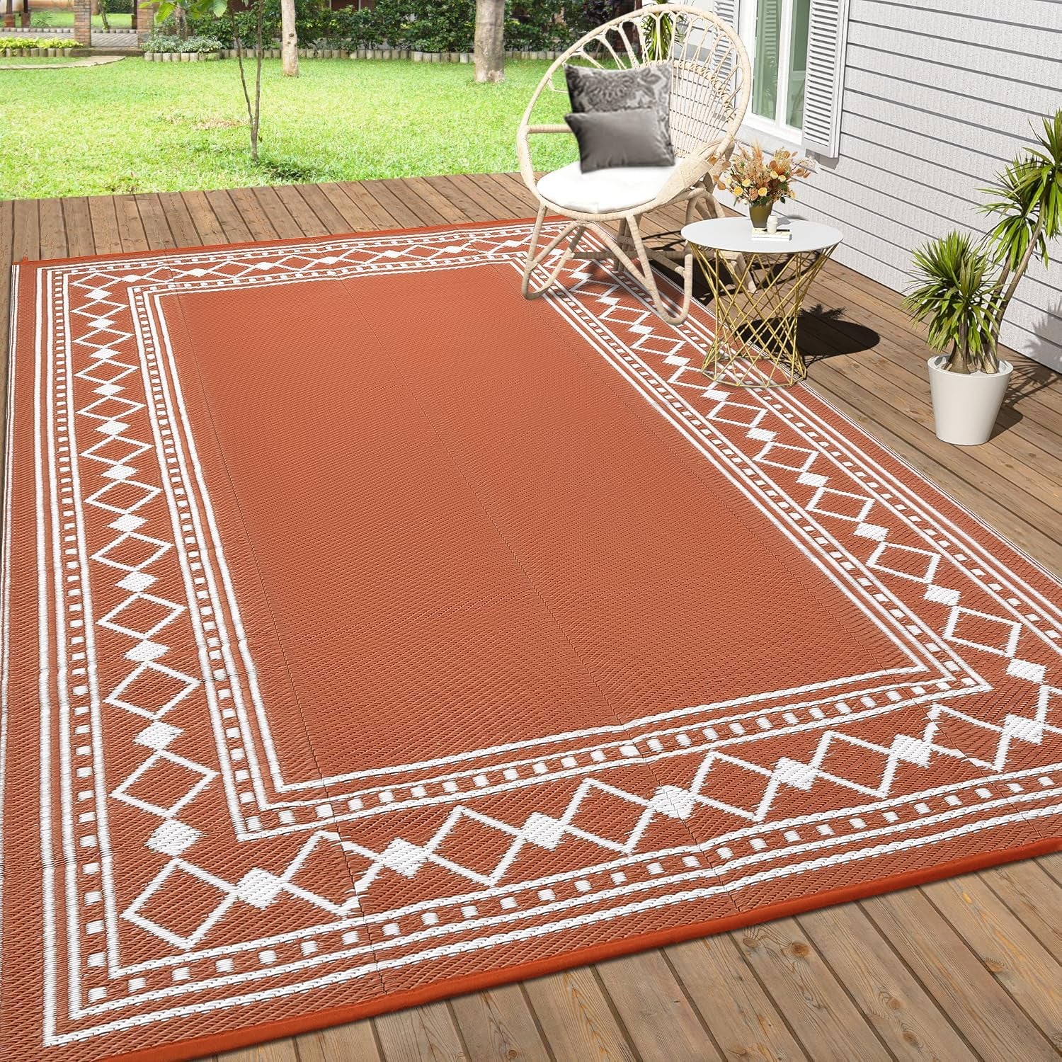 Outdoor Rug 8X10 Waterproof Patio Rugs Modern Bordered Reversible Mat for Front Door Rv Foldable Plastic Straw Carpet for Travel Trailers, Deck, Picnic, Porch, Camper, Balcony, Beach, Terracotta