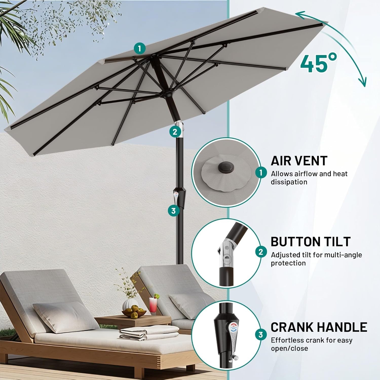 9FT Patio Umbrella Outdoor Table Umbrella Tilt Crank UV Resistant Pool Shade