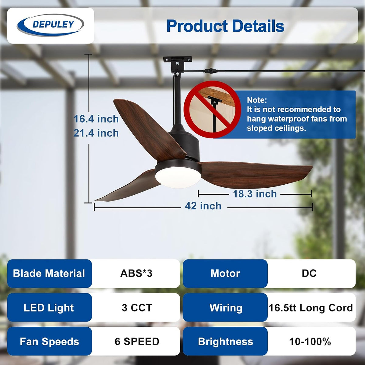 42-Inch Outdoor Ceiling Fans: Walnut Waterproof Gazebo Fans with Lights Remote App Control - 3-Blade Plug-In Outdoor Hanging Fan for Patios Pergola Porch 6 Speed Reversible