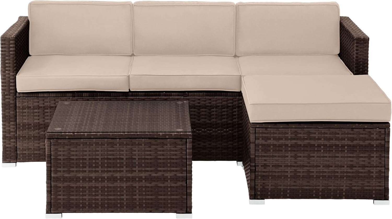 Patio Furniture Set - 3-Piece Rattan Outdoor Sectional, Ottoman, and Table Combo - Deck, Pool, Sunroom, or Backyard Furniture (Brown)