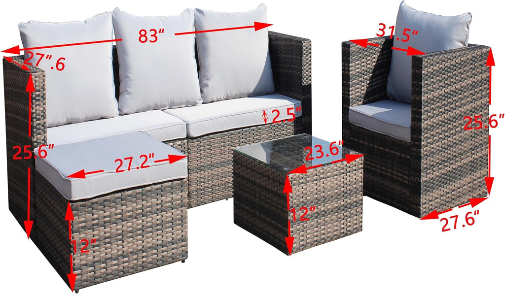 4 Piece Patio Furniture Set, Outdoor Patio Sofa with Thick Cushions, 4 Seat Outdoor Patio Sofa, 1 Single Chair, 1 Ottoman, 1 Table, Backyard Seat for Garden, Brown+Gray