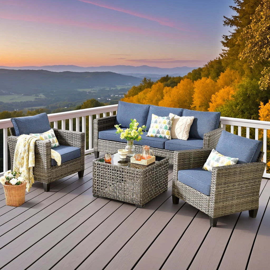 Outdoor Patio Furniture Sets with Solar Coffee Table, All-Weather Wicker Rattan Outdoor Furniture Conversation Set for Porch, Patio, Backyard--Blue