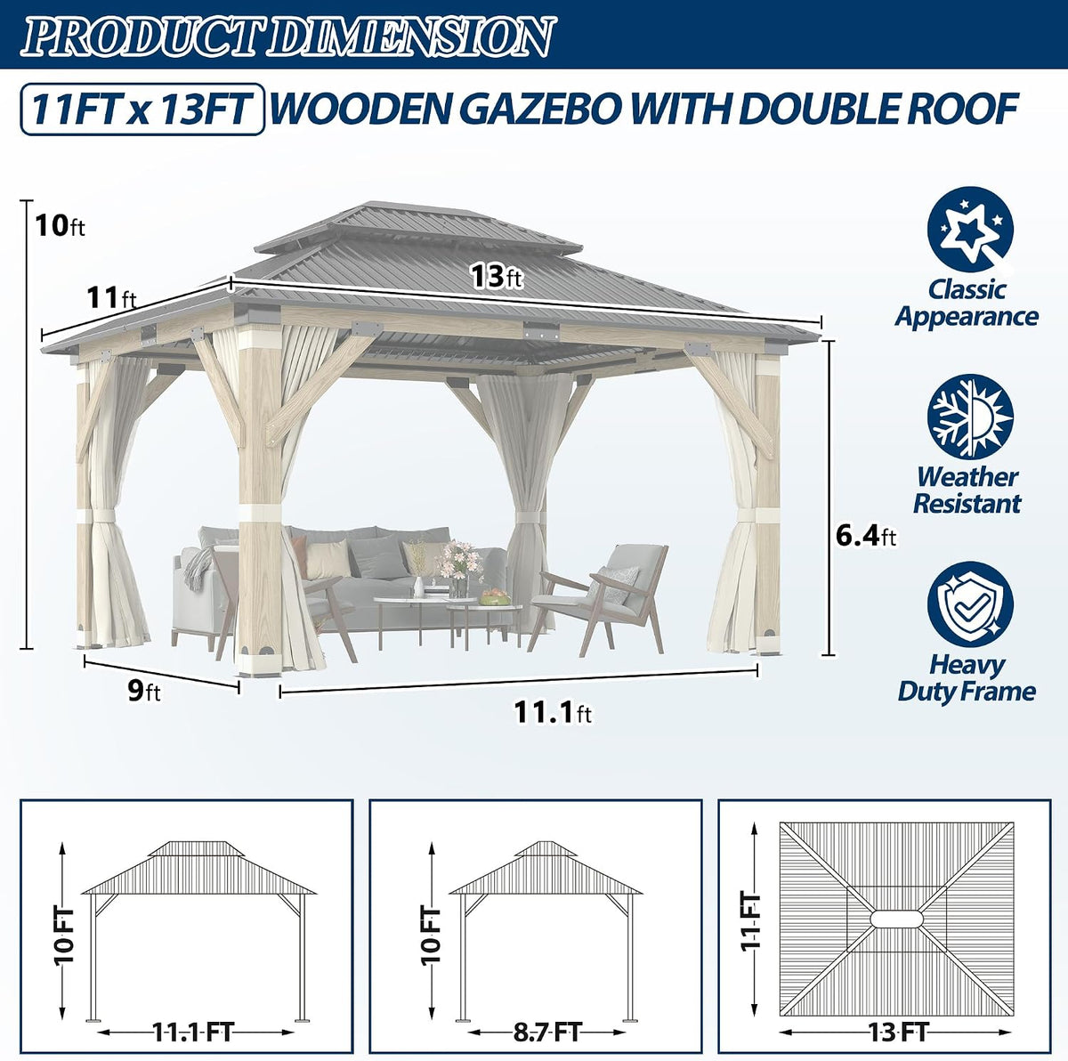 11FT X 13FT Outdoor Wooden Gazebo with Netting & Curtains, Beige