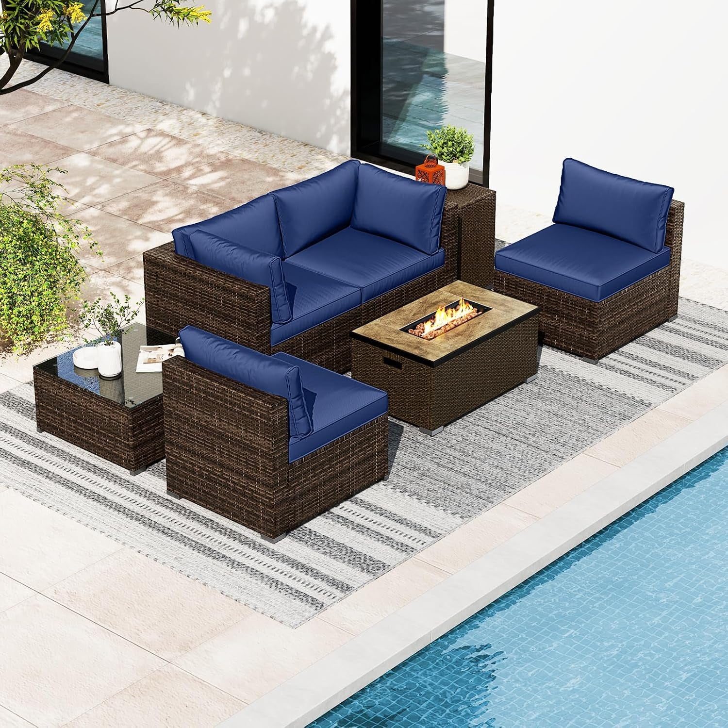 7 Pieces Patio Furniture Set with 32” Fire Pit Table and Propane Tank Cover, Outdoor PE Wicker Sectional Conversation Set with Cushions for Deck, Backyard, Protective Cover Included