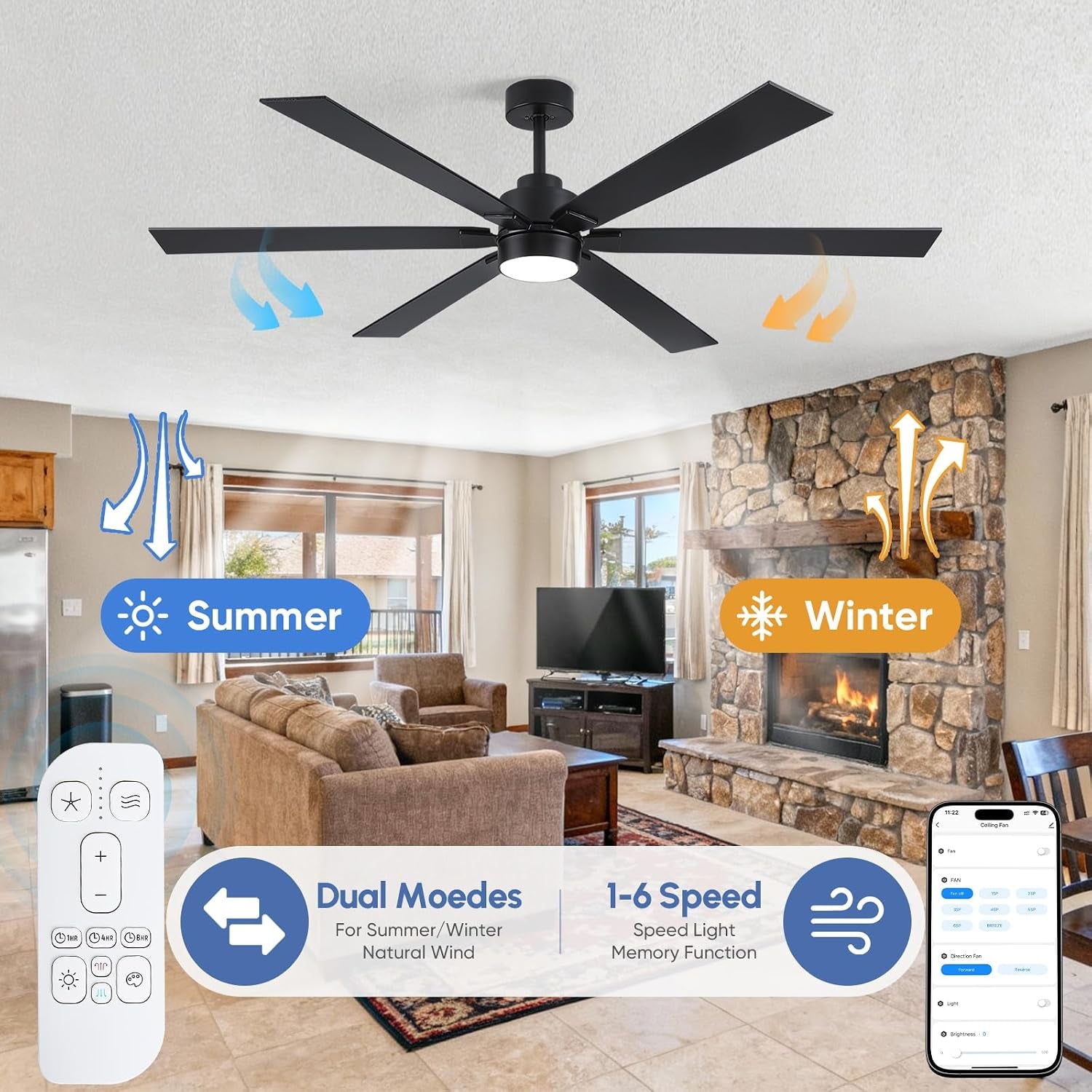 66 Inch Outdoor Smart Ceiling Fan with Light, Works with Alexa, App & Remote Control, Black Modern Style with 6 Blades, High CFM Quiet DC Motor, Damp Rated for Covered Patio & Large Indoor Living Room
