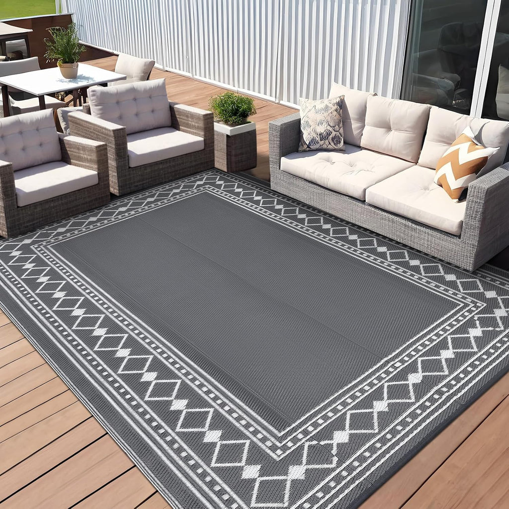 Large Outdoor Rug 10X14 Waterproof Patio Modern Border Reversible Camping Mat Plastic Straw Outdoor Rug for Patio, RV, Deck, Balcony, Backyard, Picnic, Beach, Clover,Grey