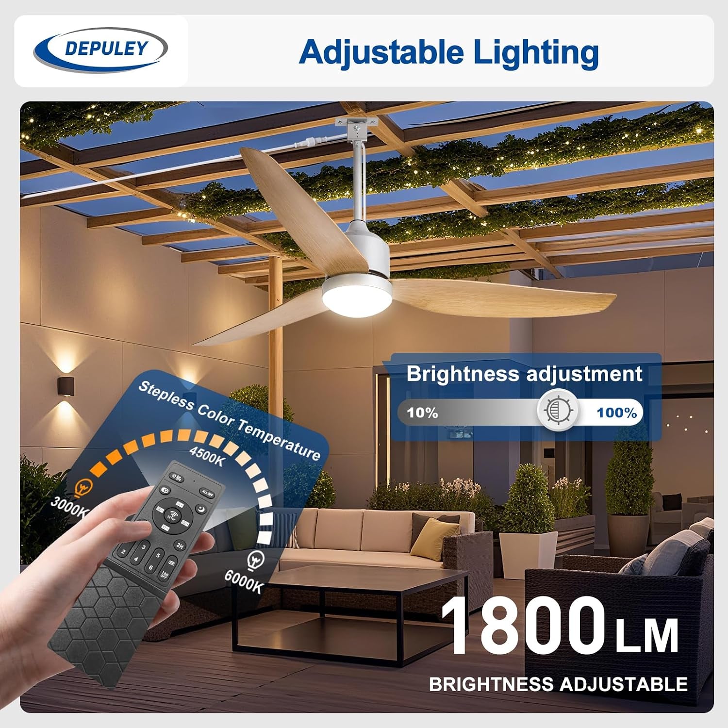 Outdoor Ceiling Fans with Lights: 52-Inch outside Waterproof Plug-In Ceiling Fan with Light and Remote Control - 3-Blade Hanging Gazebo Outdoor Fans for Patios 6 Speeds Reversible - Wood