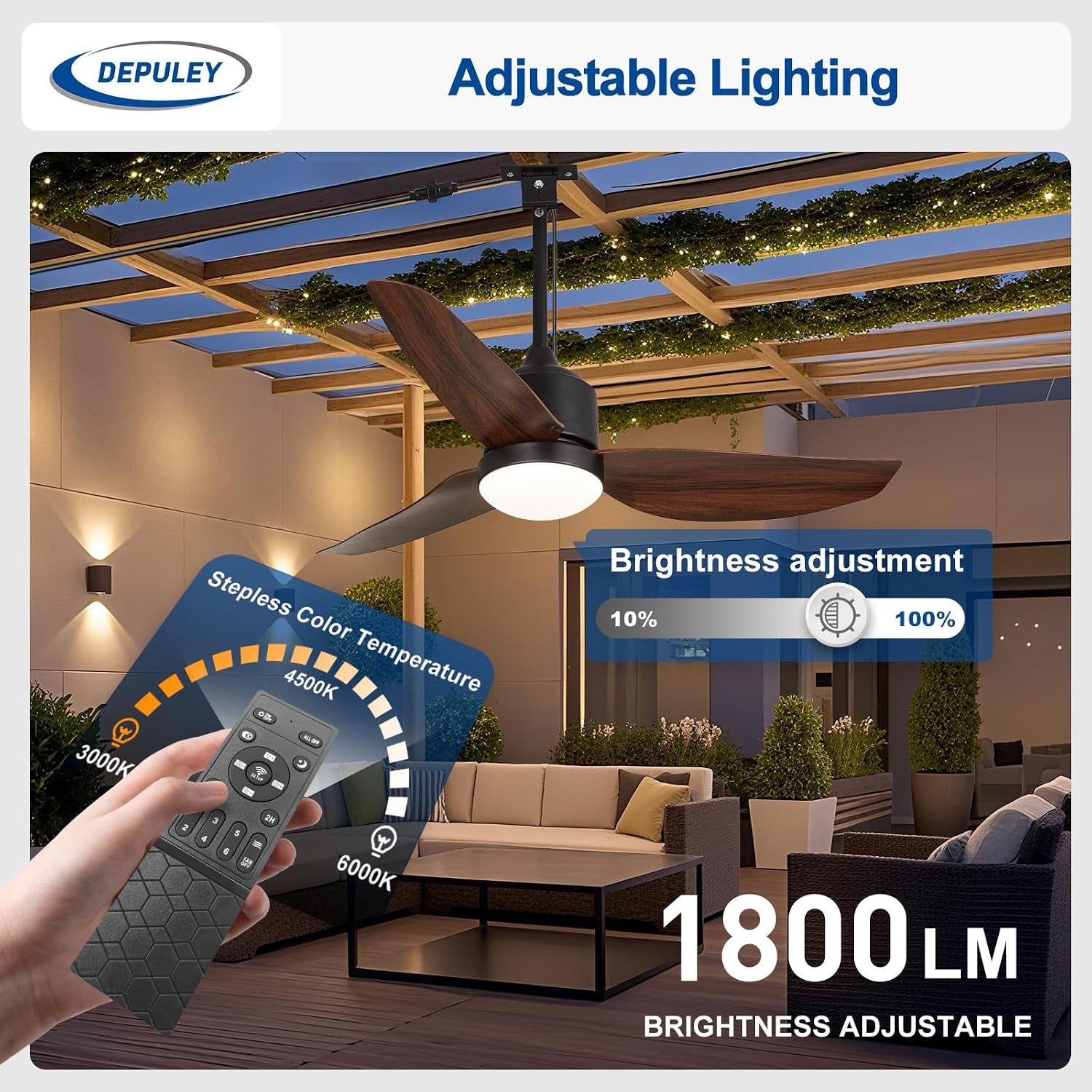 42-Inch Outdoor Ceiling Fans: Walnut Waterproof Gazebo Fans with Lights Remote App Control - 3-Blade Plug-In Outdoor Hanging Fan for Patios Pergola Porch 6 Speed Reversible