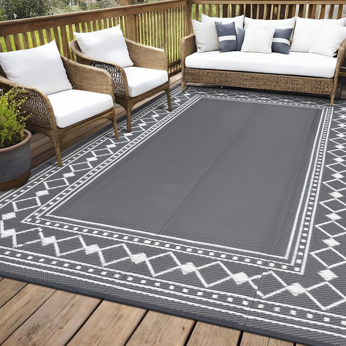 Large Outdoor Rug 10X14 Waterproof Patio Modern Border Reversible Camping Mat Plastic Straw Outdoor Rug for Patio, RV, Deck, Balcony, Backyard, Picnic, Beach, Clover,Grey