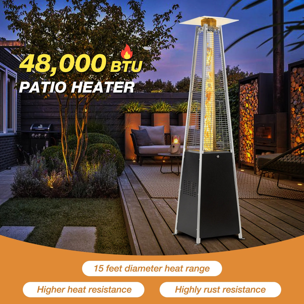 Patio Heater, 48000 BTU Outdoor Pyramid Patio Heater for Outdoor Use, Black