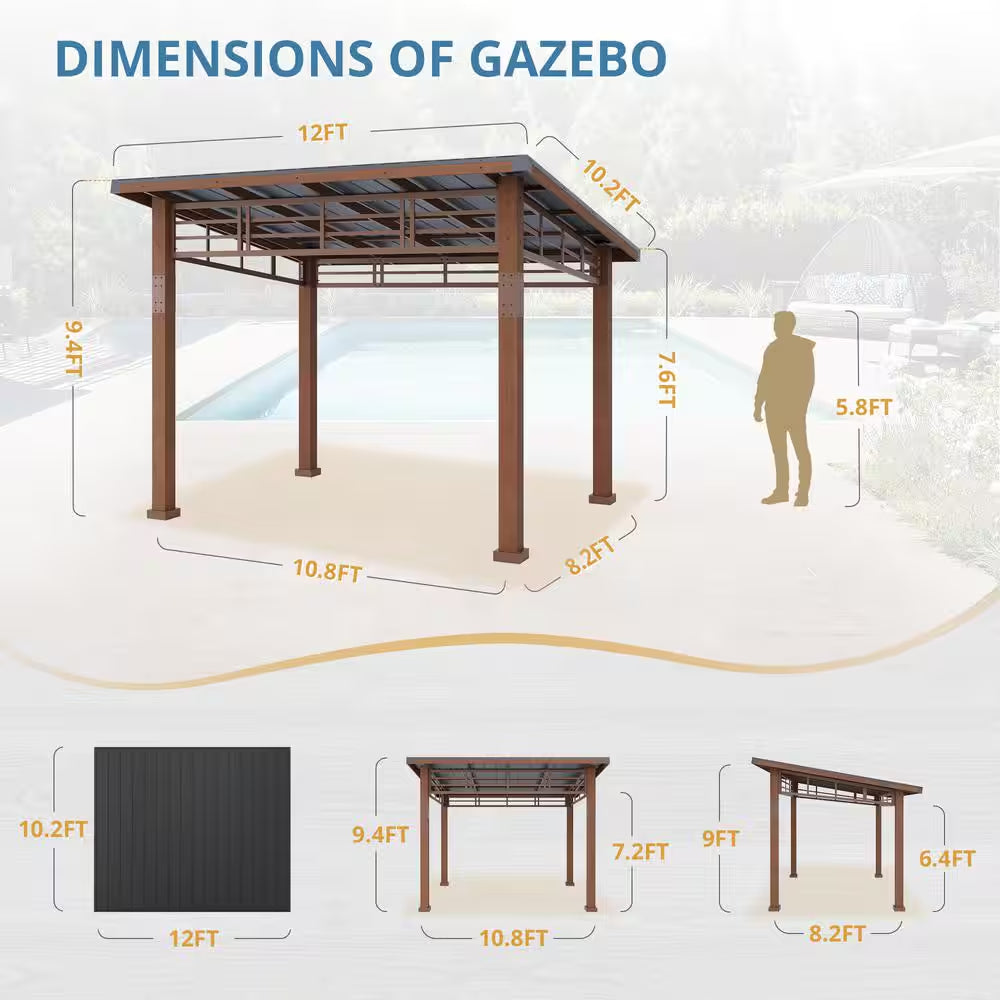 Chandler 10 Ft. X 12 Ft. Brown Cedar Wooden Gazebo Pavilion with Hard Top Iron Slope Roof Grill Gazebo