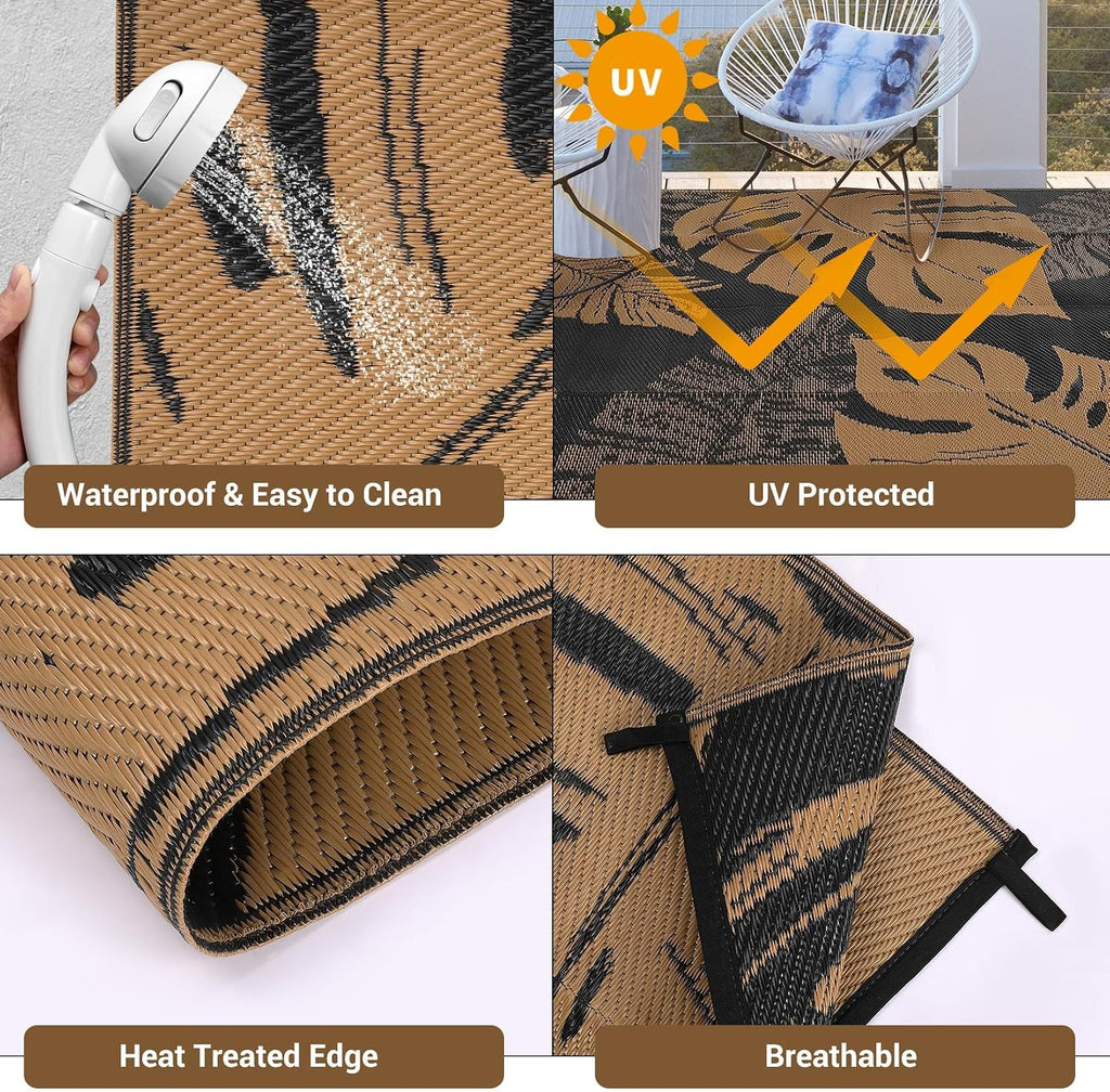 9X12 Outdoor Rug Waterproof Foldable Plastic Straw Carpet for Patio Porch Modern Leaf Print Reversible Mat Lightweight Floor Mat for Picnic, Rv, Beach, Deck, Camper, Balcony，Black/Brown