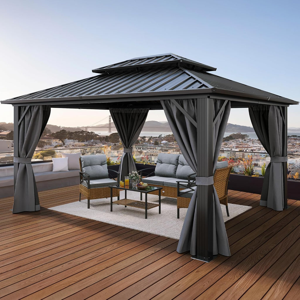 10X12Ft Hardtop Gazebo with Nettings and Curtains Heavy Duty