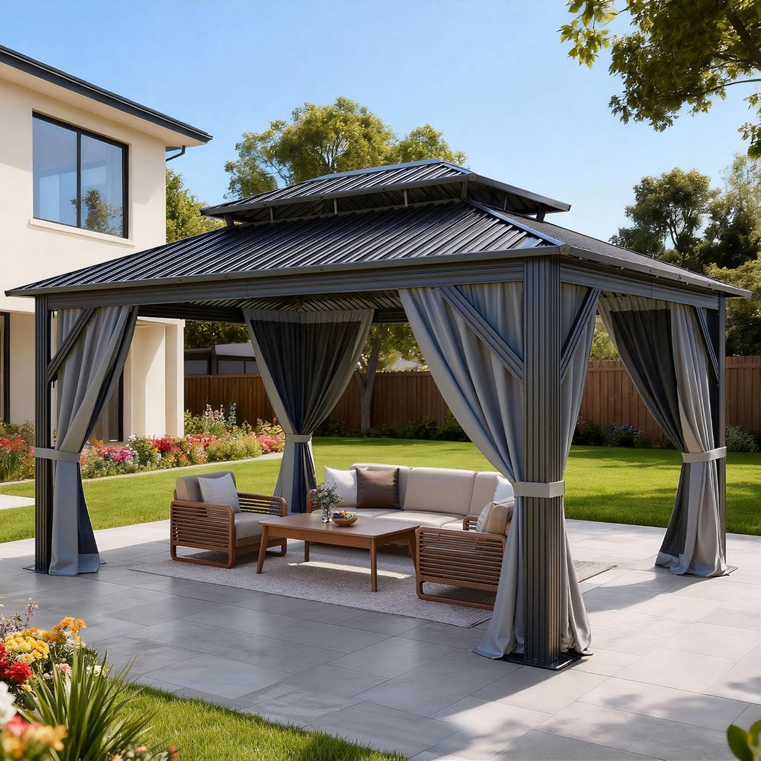 16X12Ft Metal Gazebo Hardtop Double Roof Canopy Outdoor Gazebo