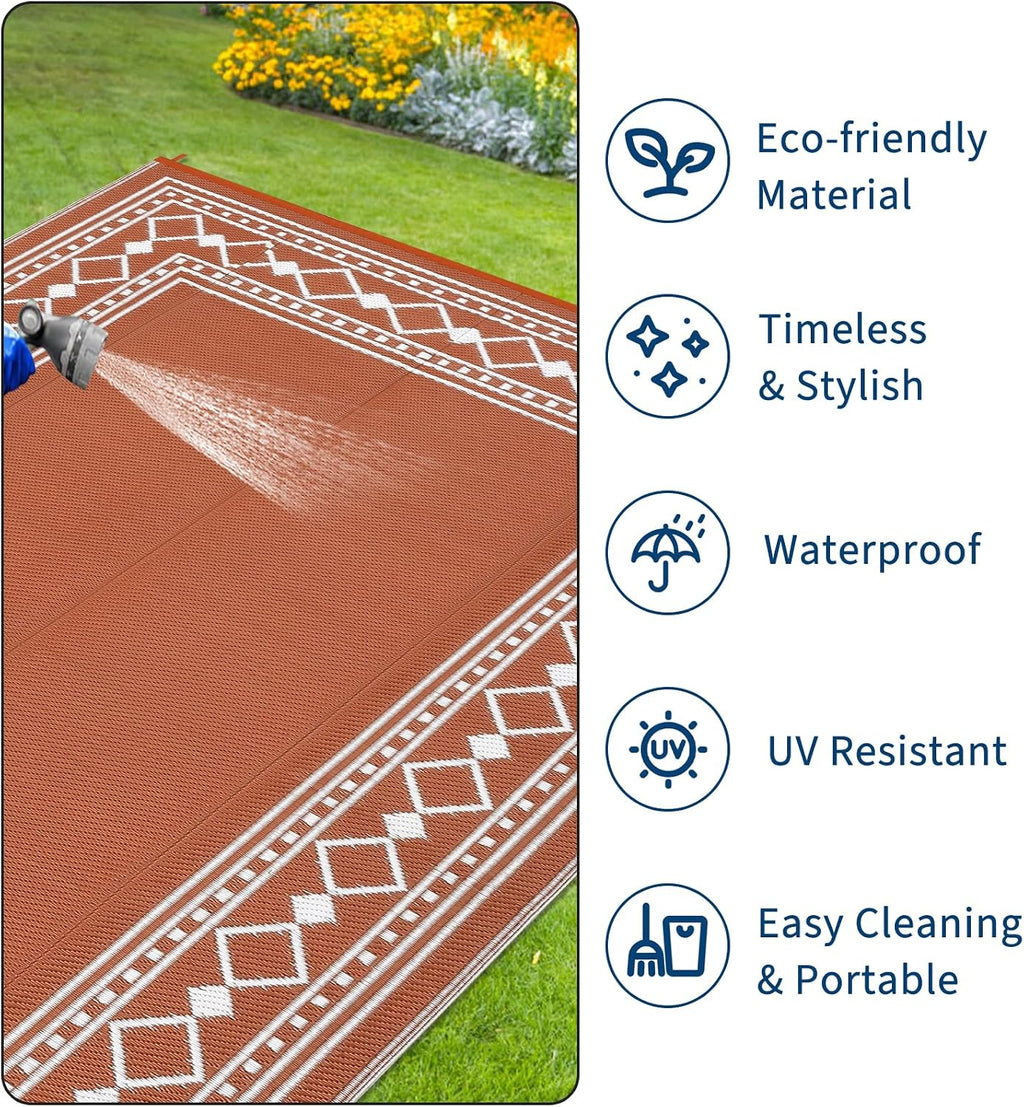 Outdoor Rug 8X10 Waterproof Patio Rugs Modern Bordered Reversible Mat for Front Door Rv Foldable Plastic Straw Carpet for Travel Trailers, Deck, Picnic, Porch, Camper, Balcony, Beach, Terracotta