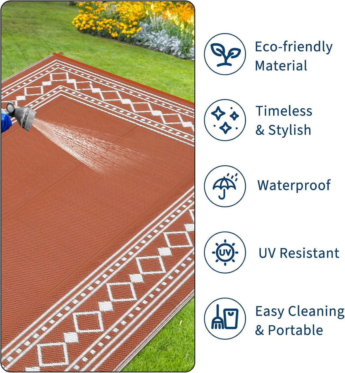 Outdoor Rug 8X10 Waterproof Patio Rugs Modern Bordered Reversible Mat for Front Door Rv Foldable Plastic Straw Carpet for Travel Trailers, Deck, Picnic, Porch, Camper, Balcony, Beach, Terracotta