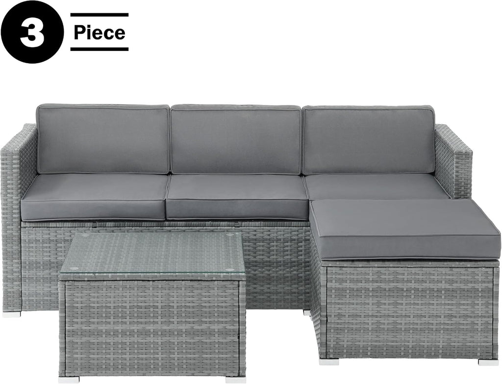 Patio Furniture Set - 3-Piece Rattan Outdoor Sectional, Ottoman, and Table Combo - Deck, Pool, Sunroom, or Backyard Furniture by  (Gray)