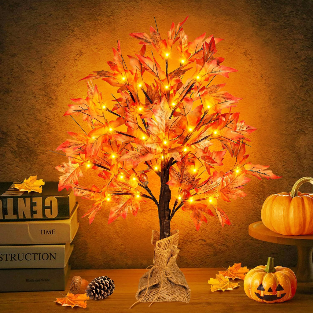 24 Inch Lighted Fall Maple Tree - 2FT Thanksgiving Tabletop Lamp Decor with 36 LED Lights, 72 Maple Leaves, 6 Acorns, Timer, Burlap Base, Battery Operated Fall Artificial Tree for Indoor