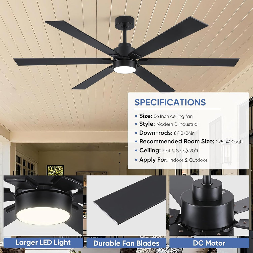 66 Inch Outdoor Smart Ceiling Fan with Light, Works with Alexa, App & Remote Control, Black Modern Style with 6 Blades, High CFM Quiet DC Motor, Damp Rated for Covered Patio & Large Indoor Living Room
