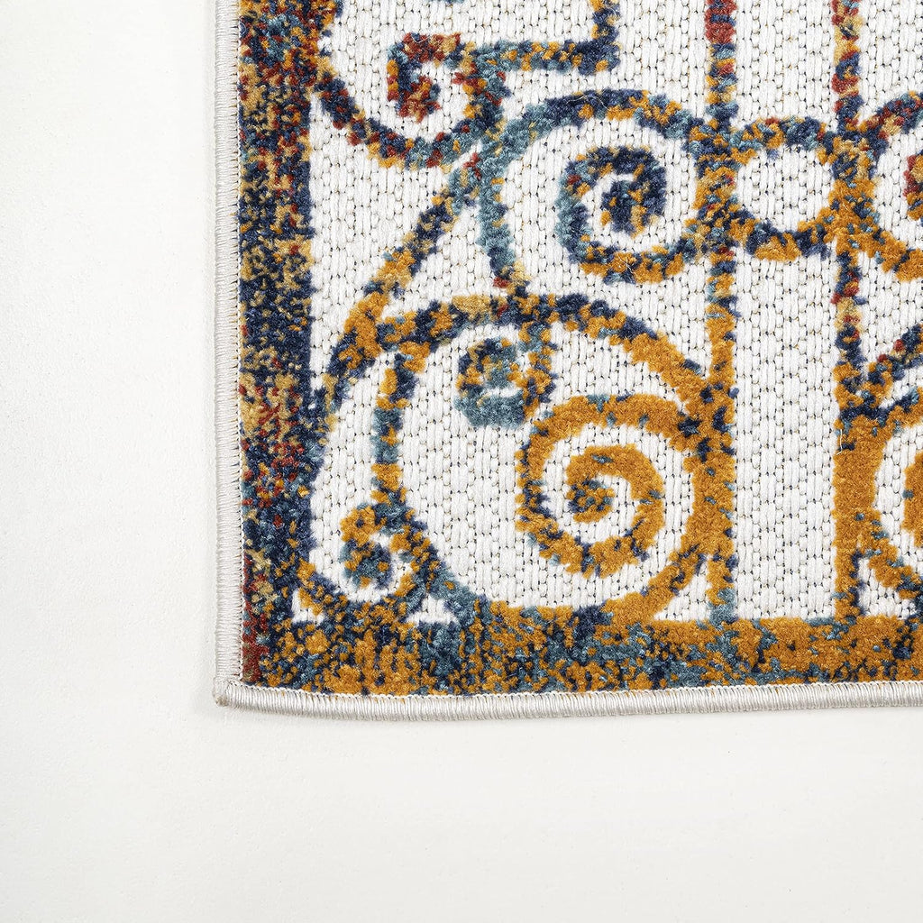 Ornate Trellis Indoor Outdoor Runner Rug 2X8 Cream/Blue/Orange, Cetara for Backyard, Patio, Porch, Easy-Cleaning, High Traffic, Pet-Friendly, Non-Shedding (AMC111A-28)