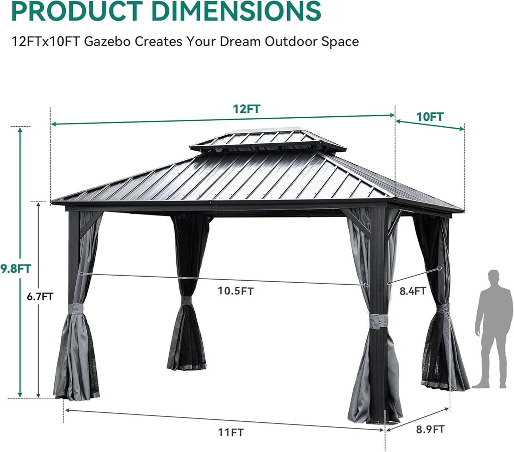 10X12Ft Hardtop Gazebo with Nettings and Curtains Heavy Duty