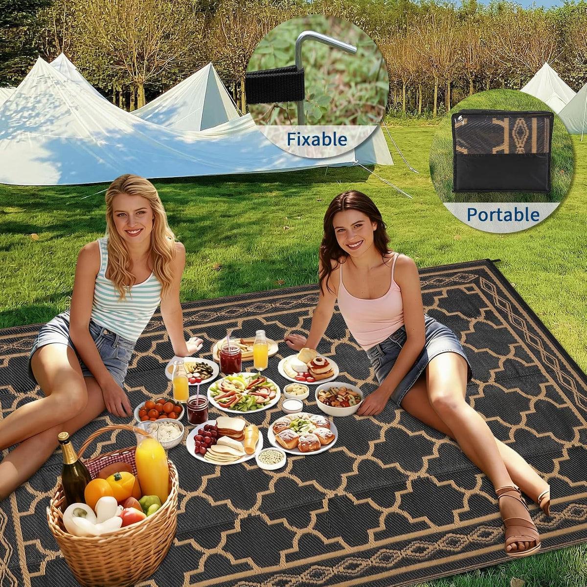 Outdoor Rug 9X18 Reversible Outdoor Plastic Area Rug Modern Decorative Carpet for Patio Deck Balcony, Waterproof Lightweight RV Mat for Porch,Camper,Backyard, Black/Brown