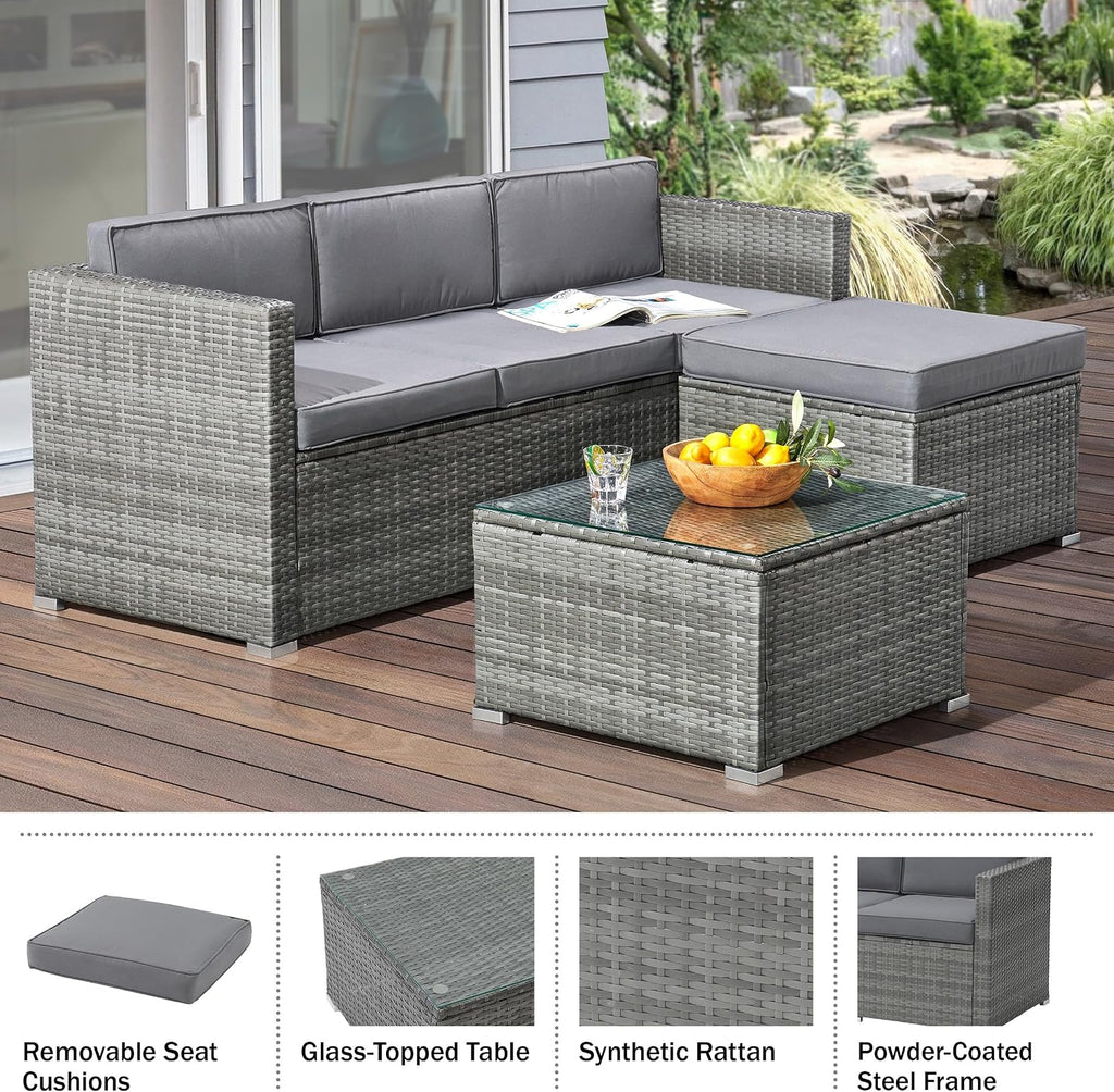 Patio Furniture Set - 3-Piece Rattan Outdoor Sectional, Ottoman, and Table Combo - Deck, Pool, Sunroom, or Backyard Furniture by  (Gray)