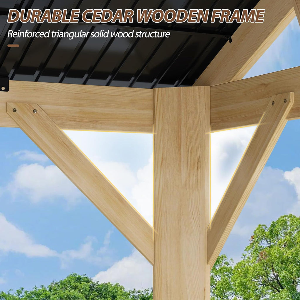 10' X 12' Wood Gazebo, Outdoor Cedar Hardtop Wooden Frame Gazebos with Galvanized Steel Roof for Garden, Patio, Deck