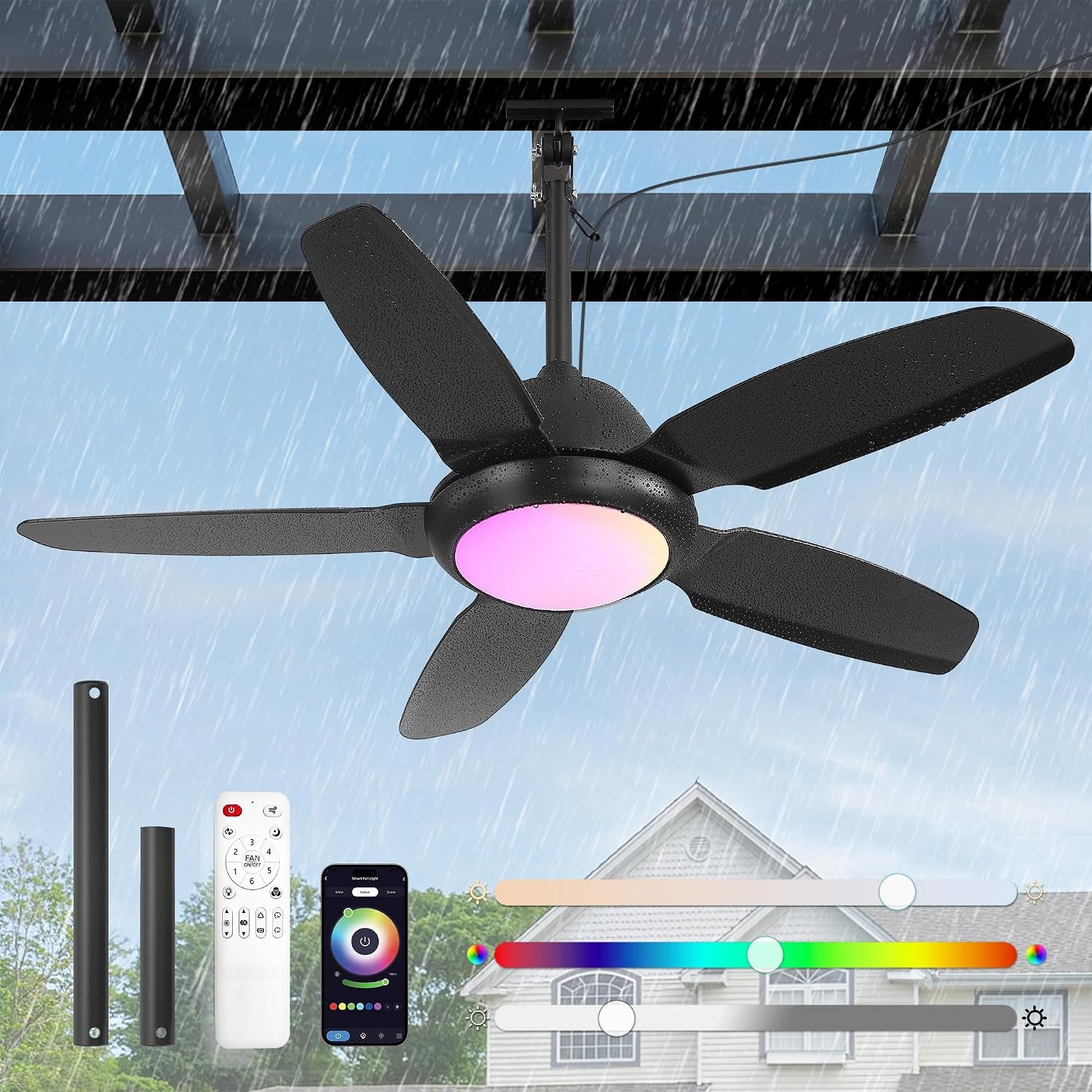 42" Waterproof Outdoor Ceiling Fan with Light for Patio,Black
