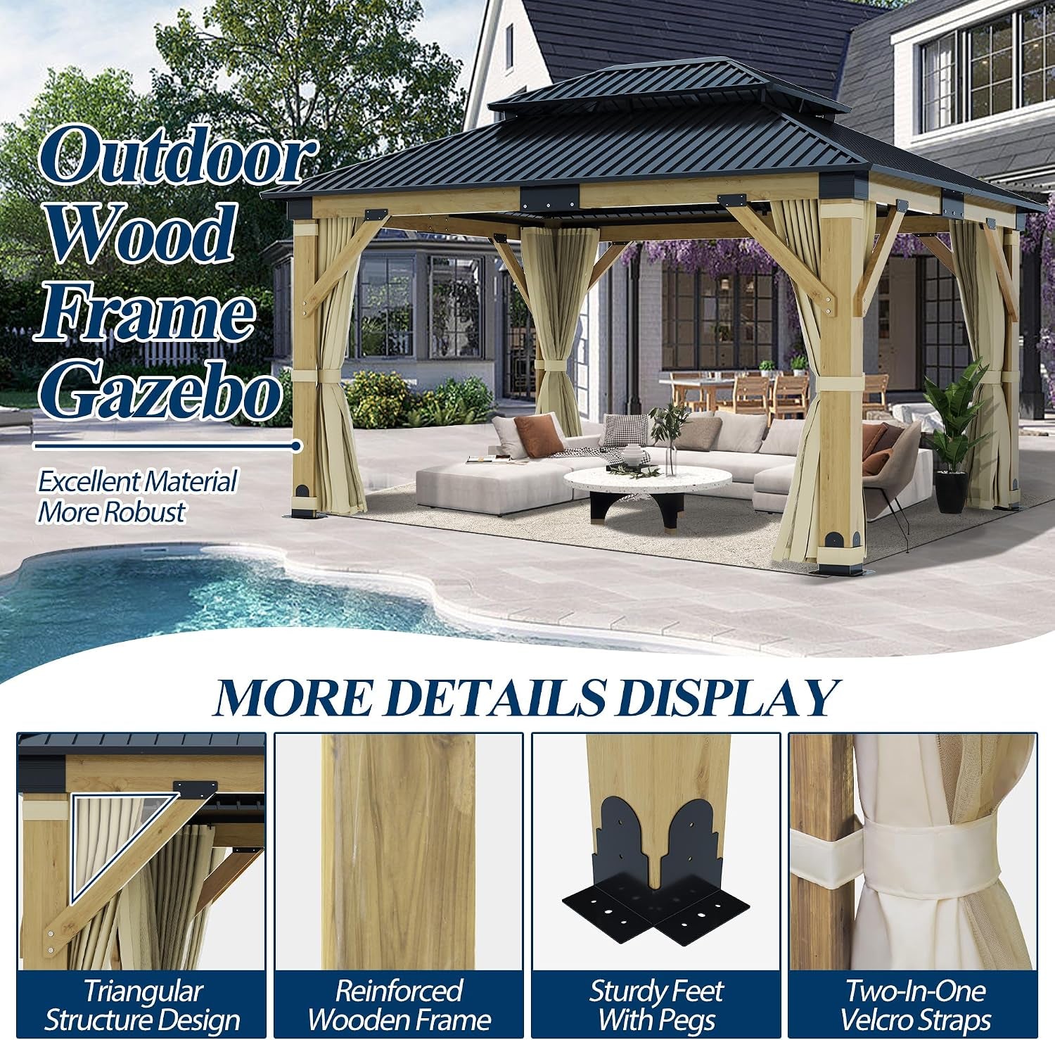 11FT X 13FT Outdoor Wooden Gazebo with Netting & Curtains, Beige
