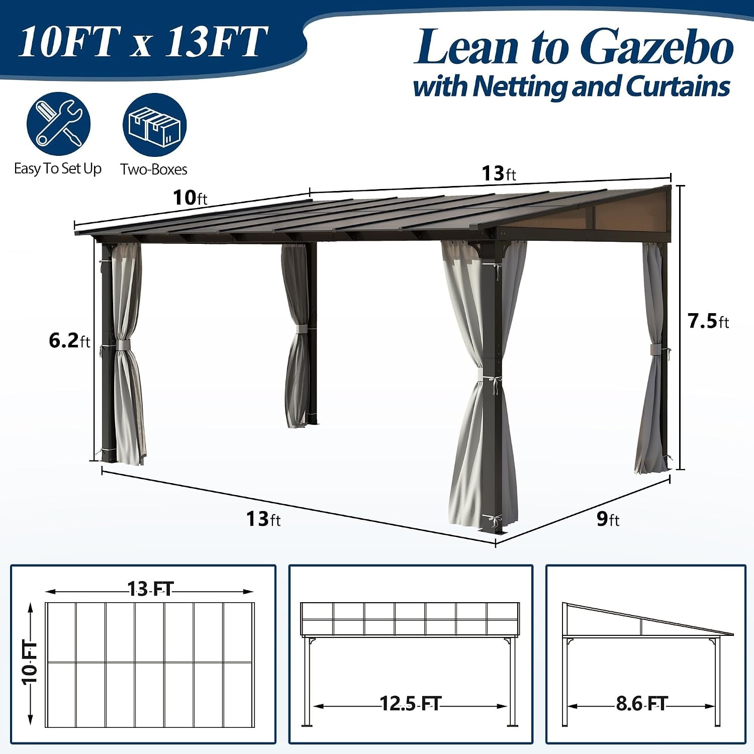 10' X 13' Outdoor Polycarbonate Lean to Gazebo Pergola