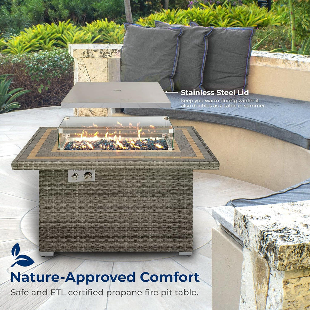 Sturdy Wicker Base Propane Fire Pit Table with Tile Top, Patio Heater & Propane Heater, Sliding Door, Stainless Steel Burner, Tempered Glass Wind Guard, 50000 BTU, Weather Resistant