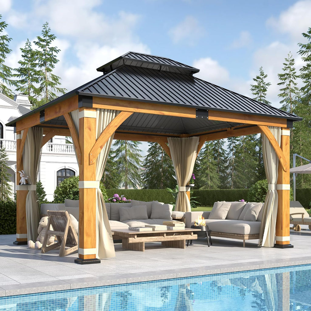 11’X 13’ Outdoor Spruce Wood Gazebo, Patio Hardtop Gazebo