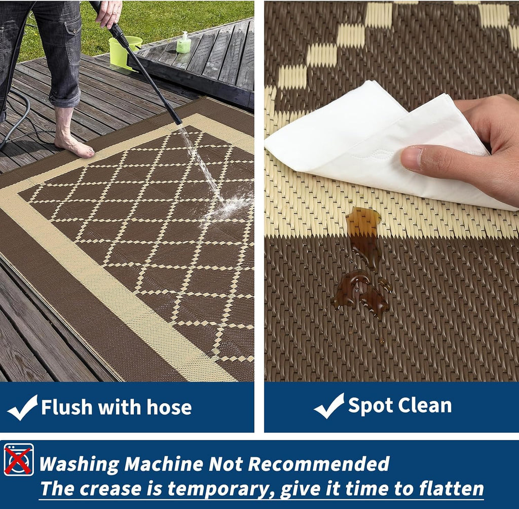 Outdoor Rug 9X18 Waterproof Reversible Plastic Straw Mat, Large Patio Rug Modern Area Rug Indoor Outdoor Rugs for Deck, Balcony, Camping, Beach, Picnic, Porch， Brown&Coffee