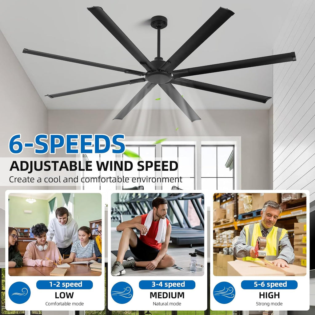 84 Inch Large Industrial Ceiling Fan No Lights, Reversible Dc Motor, 3 Downrods, 6 Speed Remote Control, 8 Aluminum Blades, Black Outdoor Fans for Shop/Gym/Warehouse/Garage