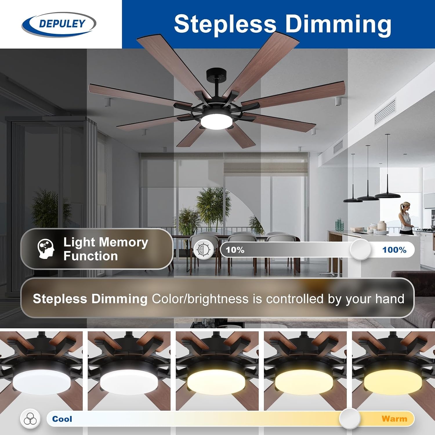 72-Inch Ceiling Fan with Light: Modern 8-Blade Walnut and Black Indoor Outdoor Fans with Remote Control Dimmable Light - Ultra Quiet DC Motor Reversible 6 Speed Timer