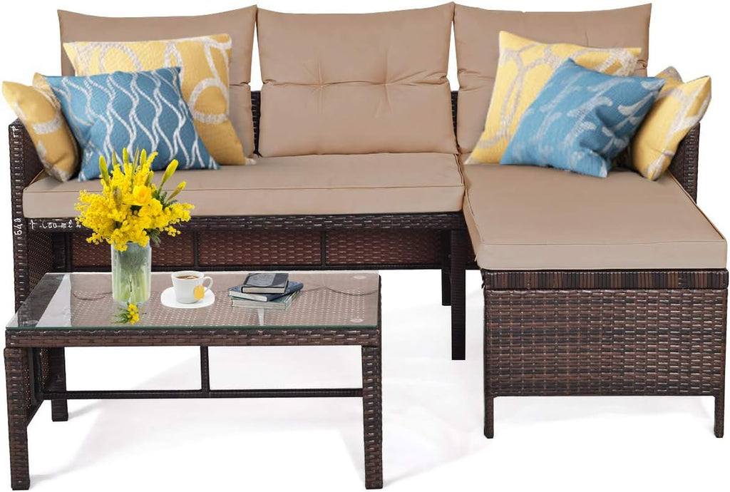 Patio Corner Sofa Set 3 Piece, Outdoor Rattan Sofa Set, Includes Lounge Chaise, Loveseat & Coffee Table, Patio Garden Poolside Lawn Backyard Furniture
