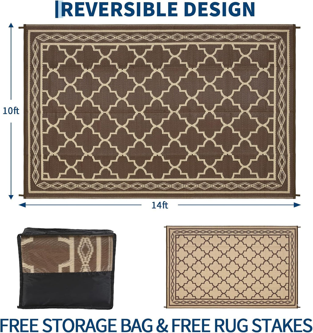 10X14 Outdoor Rug Waterproof Reversible Patio Rug Brown/Coffee