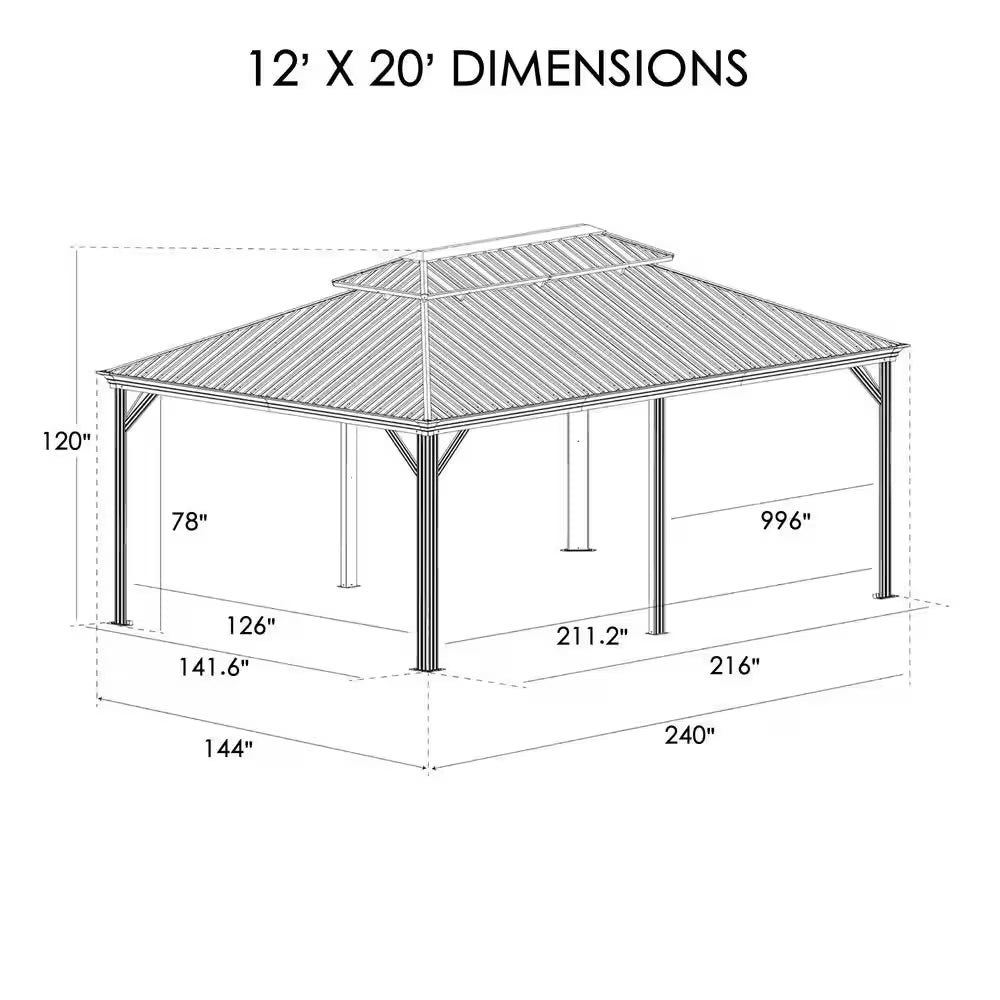 Apollo 12 Ft. X 20 Ft. W Wood like Aluminum Hardtop Gazebo with Galvanized Steel Roof and Mosquito Net