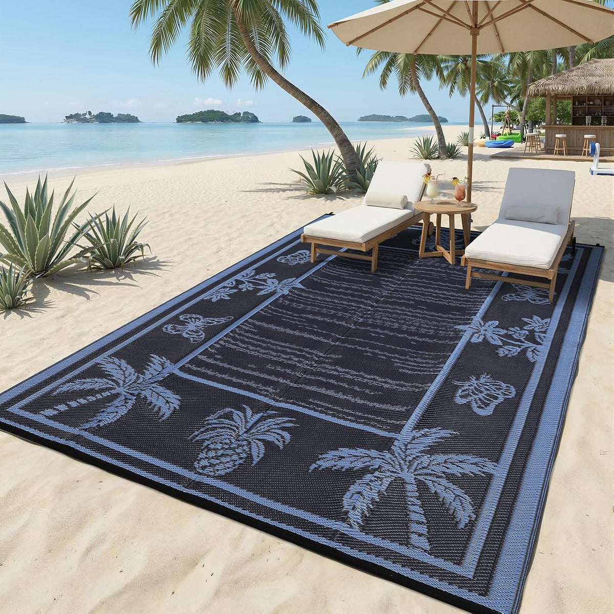 Outdoor Rug 8X10 Waterproof for Patios, Reversible Plastic Straw Rug, Tropical Leaf Indoor Outdoor Rugs, Large Area Rug for RV, Camping, Deck, Picnic Mat, outside Carpet