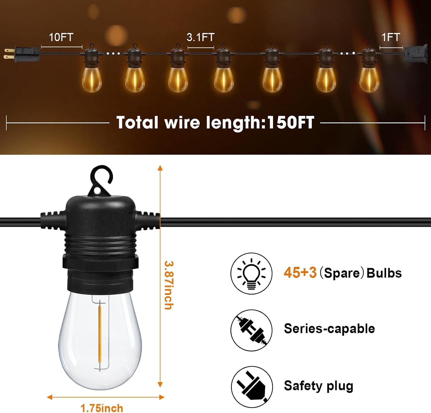 S14 LED Outdoor String Lights 150FT Patio Lights Outdoor Waterproof with 45+3 Shatterproof LED Bulbs, Hanging Backyard Lights for outside Deck Patio Garden Balcony Decorations