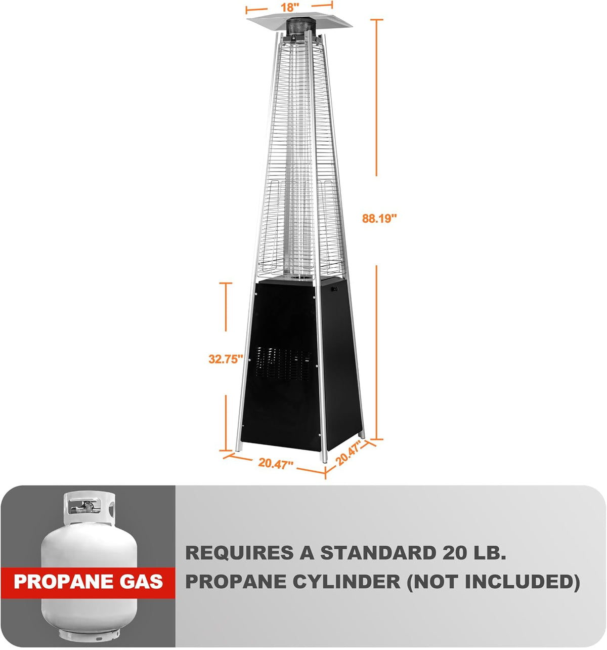 Outdoor Propane Patio Heater, 48,000 BTU Pyramid Outdoor Heater with Wheels, Hammered Bronze Tower Portable Heater with Oxford Cover for Garden, Terrace, Black