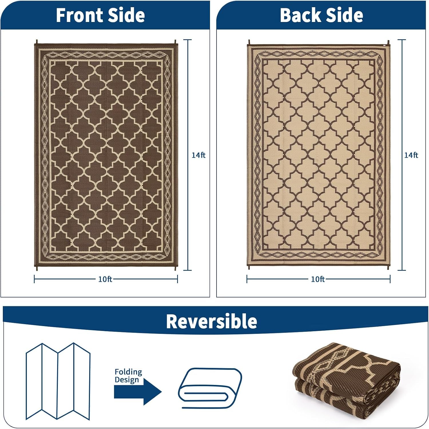 10X14 Outdoor Rug Waterproof Reversible Patio Rug Brown/Coffee